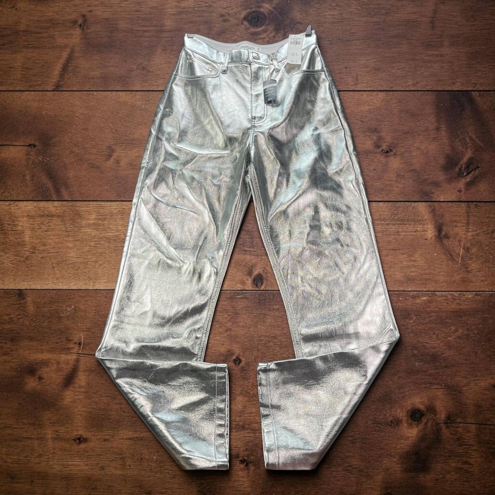 NEW Abercrombie Curve Love 90s Straight Vegan Leather Pants Silver 28/6 W28xL30